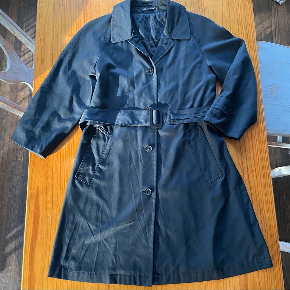 Vintage Sanyo Sleek Black Belted Mid Length Trench Coat | Made in USA